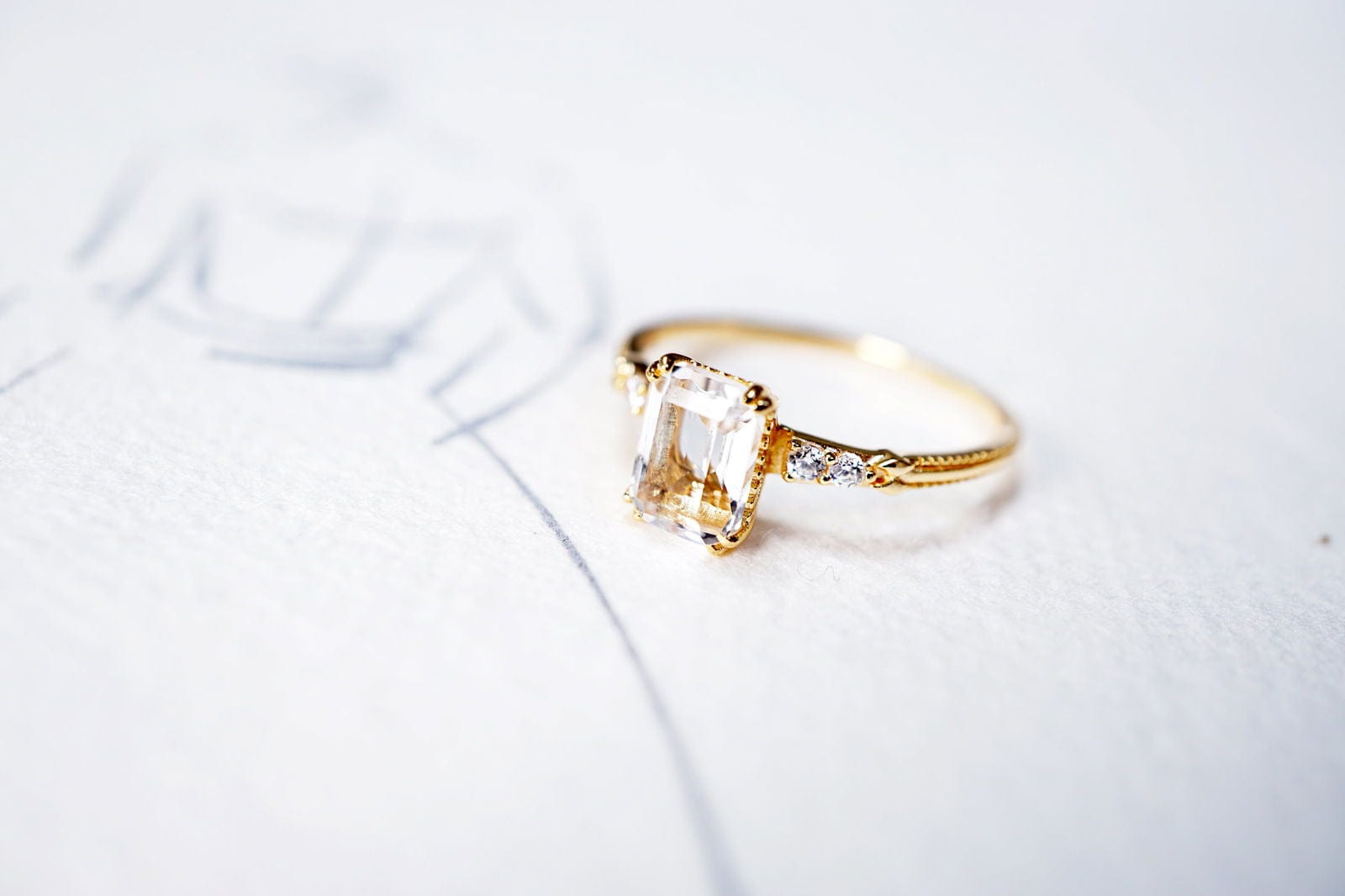 14K Gold Natural Emerald Cut Clear Quartz Ring 14K Gold Natural Emerald Cut Clear Quartz Ring - Elegant Solitaire Stacking Ring, Perfect Healing Stone Gift