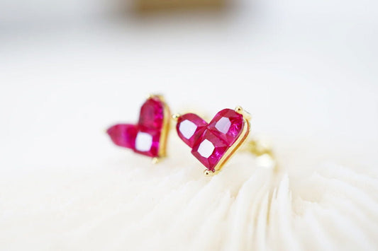 14K Gold Ruby Love Heart Stud Earrings 14K Gold Ruby Love Heart Stud Earrings - Perfect Stacking Gemstone Gift Earrings