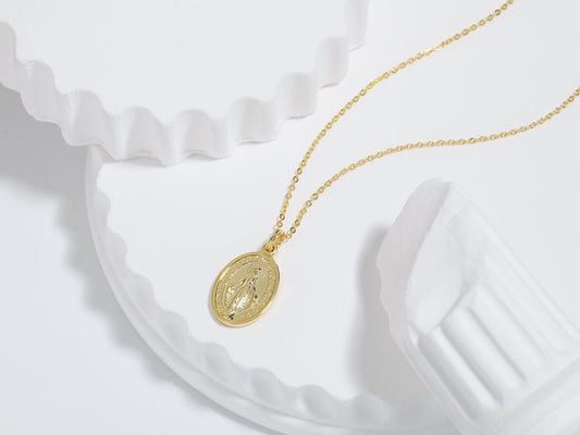 18K Gold 18K Gold Virgin Mary Oval Disc Necklace 18K Gold Virgin Mary Oval Disc Necklace - Miraculous Medal Pendant, Religious Jewelry, Mother Mary Necklace