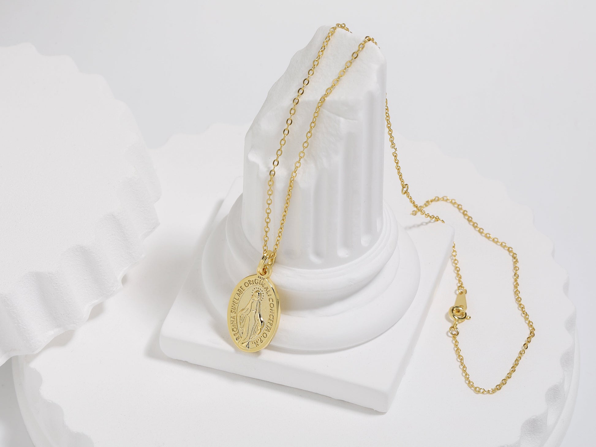 18K Gold 18K Gold Virgin Mary Oval Disc Necklace 18K Gold Virgin Mary Oval Disc Necklace - Miraculous Medal Pendant, Religious Jewelry, Mother Mary Necklace