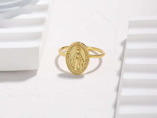 18K Gold 18K Gold Virgin Mary Disc Ring 18K Gold Virgin Mary Disc Ring: Elegant Religious Jewelry for Devout Christians