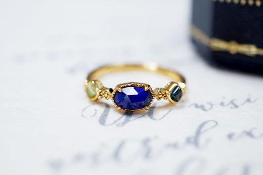 18K Gold 18K Natural Blue Lapis Lazuli Three Stone Ring Discover the 18K Natural Blue Lapis Lazuli Three Stone Ring: Dainty, Vintage Style, Adjustable, Perfect Gift