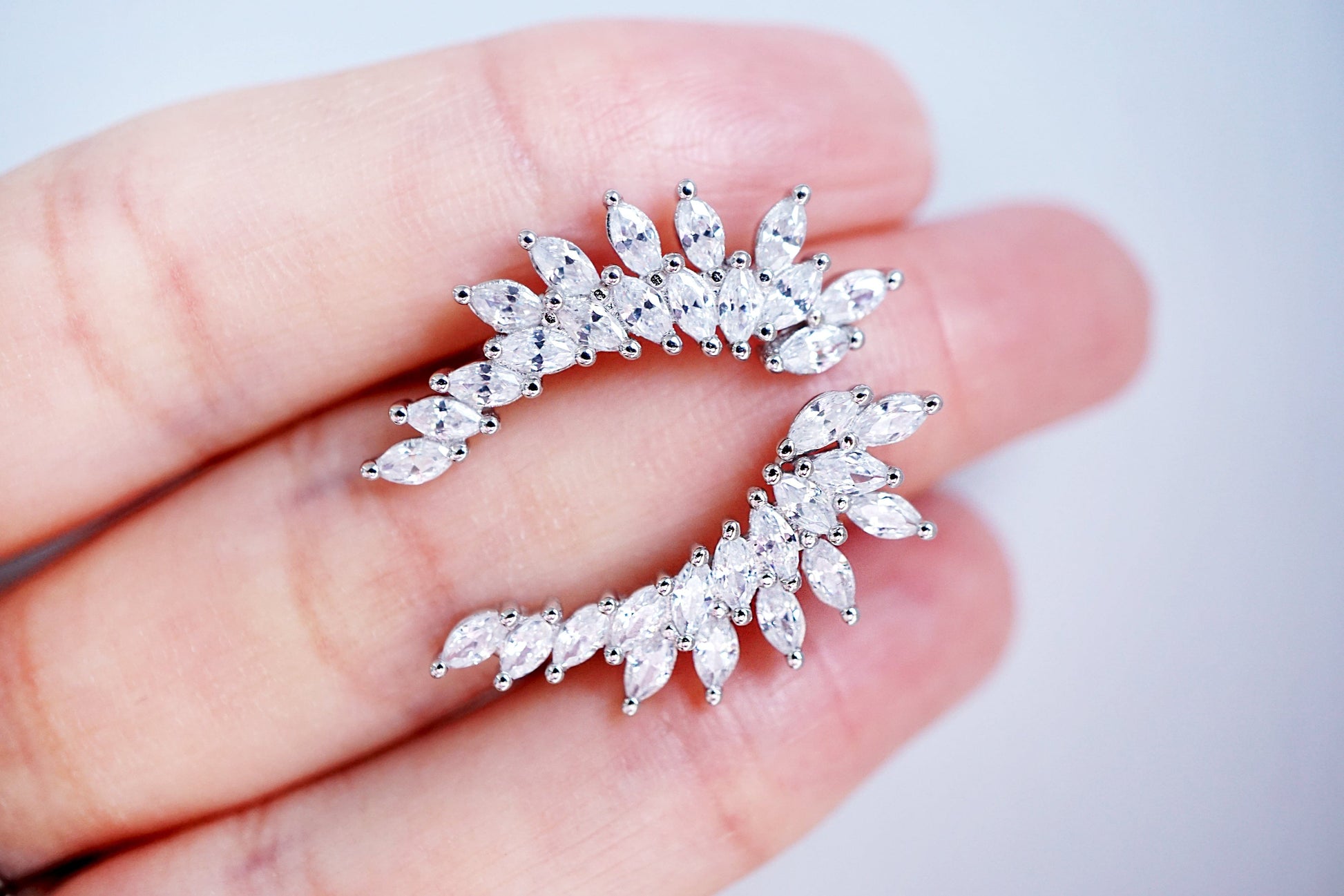 925 Sterling Silver Sterling Silver Cluster Stone Angel Wing Ear Climber Sterling Silver Angel Wing Ear Climber: Sparkly Cluster, Marquise, and Leaf Design Earrings