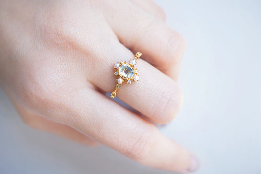 Gold ring with a central gemstone on a person's finger against a light background
