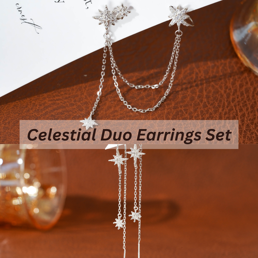 Celestial Duo Sterling Silver Star Chain Earrings Set