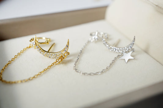 Moon Earrings with Chain Star Ear Cuff