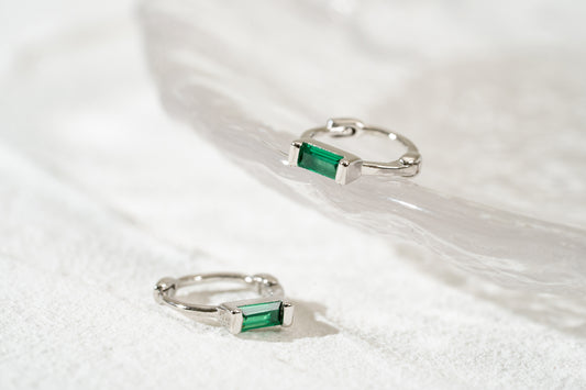 Green Baguette CZ Small Huggie Hoop Earrings