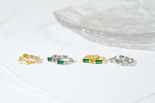 Green Baguette CZ Small Huggie Hoop Earrings