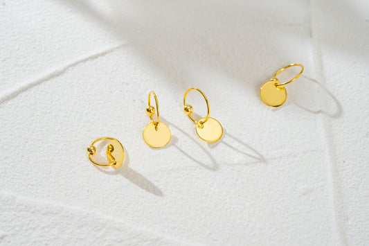 Gold and Silver Disc Charm Huggie Hoop Earrings Gold and Silver Disc Charm Huggie Hoop Earrings