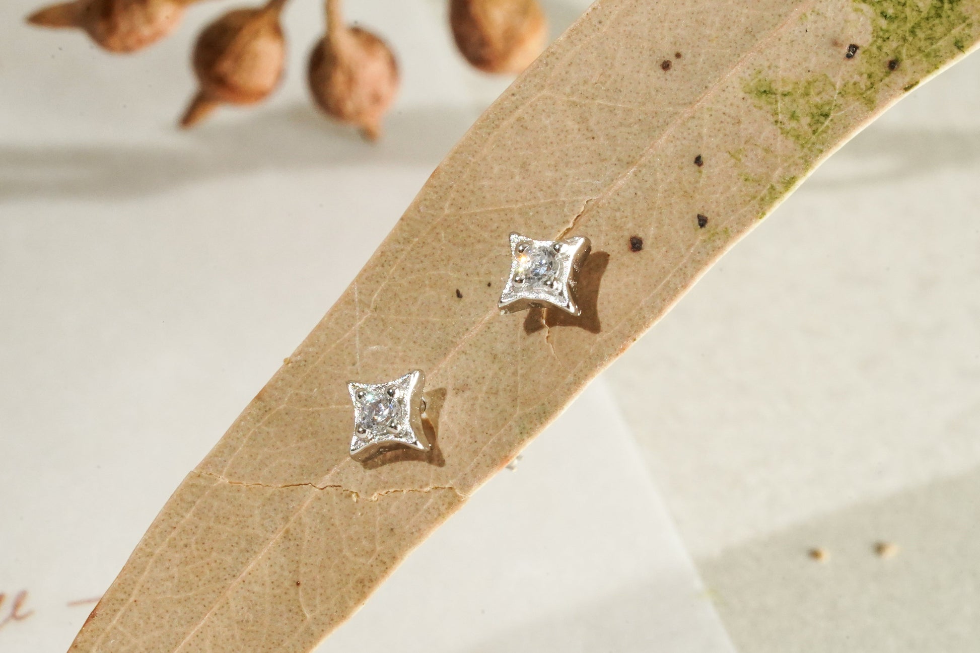 Pair of diamond stud earrings on a beige leaf with a soft focus background