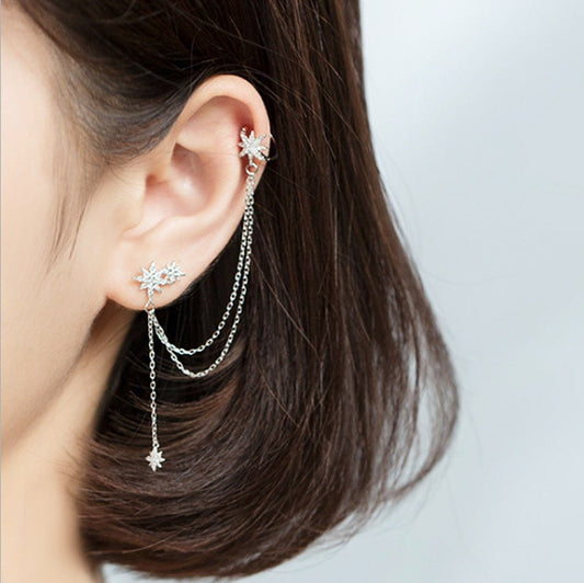 Single Celestial Star Chain Earring in Sterling Silver Single Celestial Star Chain Earring in Sterling Silver