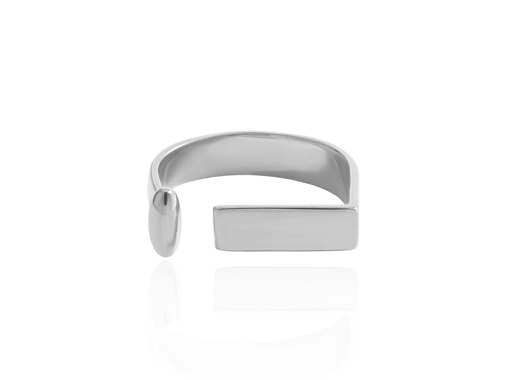 Silver ring with a rectangular tag on a white background