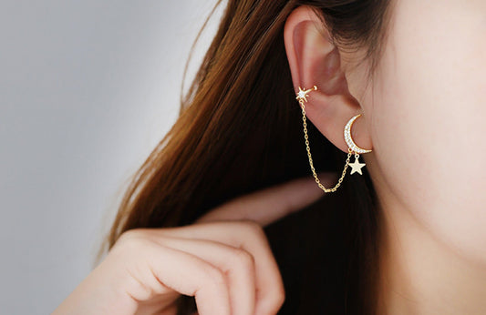 Moon Earrings with Chain Star Ear Cuff Elevate Your Style with Crescent Moon Earrings and Star Ear Cuff - Celestial Dangle Chain Jewelry